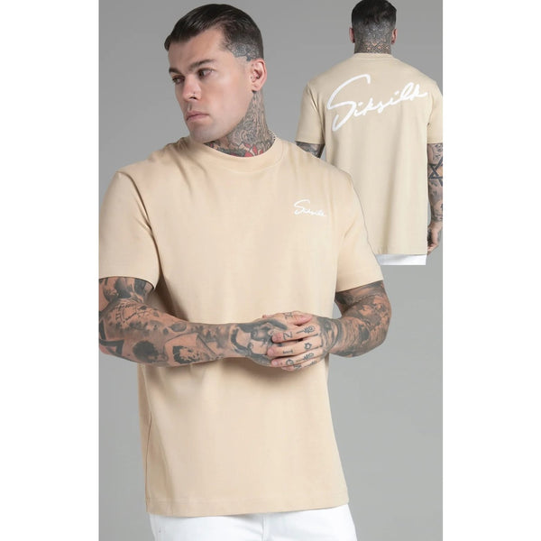 CAMISETA SIKSILK SCRIPT BEIGE/BLANCO OVERSIZE TALLA L